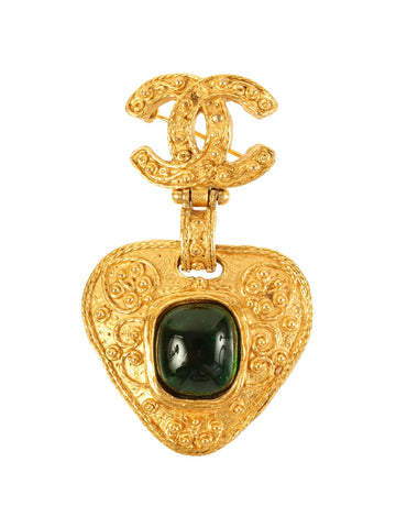CHANEL 1994 Made Gripoix Triangle Cc Mark Swing Brooch Gold/Green