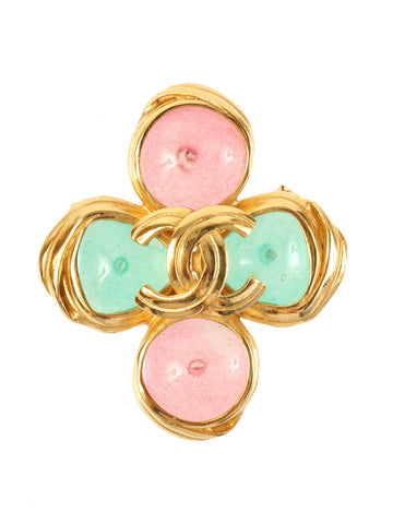 CHANEL 1996 Made Cross Motif Gripoix Cc Mark Brooch Green/Pink