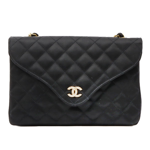 Chanel Around 1985~1990 Made Silk Satin Rhinestone Cc Mark Plate Chain Bag Black
