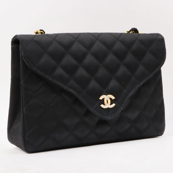 Chanel Around 1985~1990 Made Silk Satin Rhinestone Cc Mark Plate Chain Bag Black