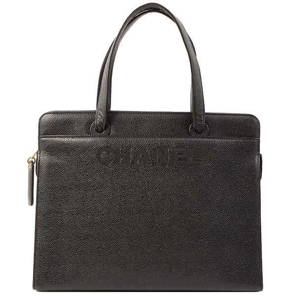 Chanel Around 1998 Made Caviar Skin Logo Embroidered Top Handle Bag Black