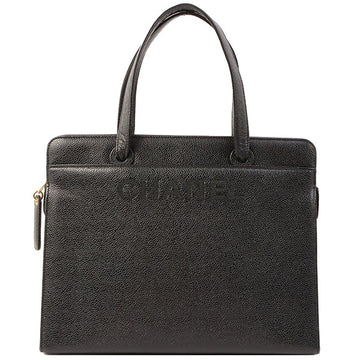 Chanel Around 1998 Made Caviar Skin Logo Embroidered Top Handle Bag Black