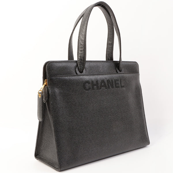 Chanel Around 1998 Made Caviar Skin Logo Embroidered Top Handle Bag Black