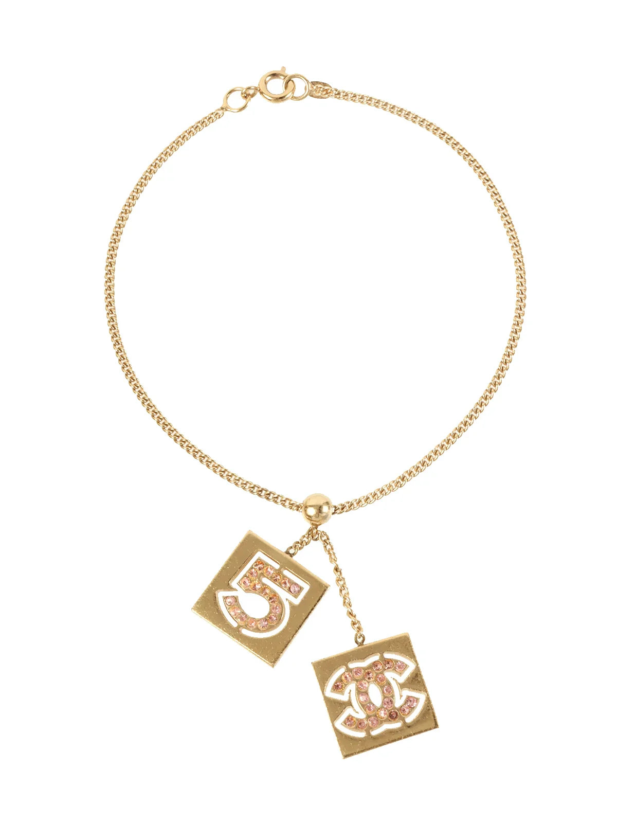 CHANEL 2002 Made Rhinestone Square No.5 Cc Mark Bracelet Gold/Pink