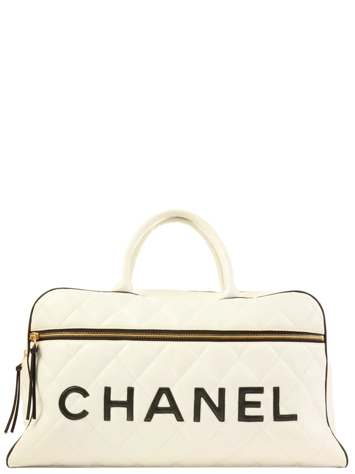 CHANEL Around 1995 Made Bicolor Big Logo Stitch Boston Bag White/Black