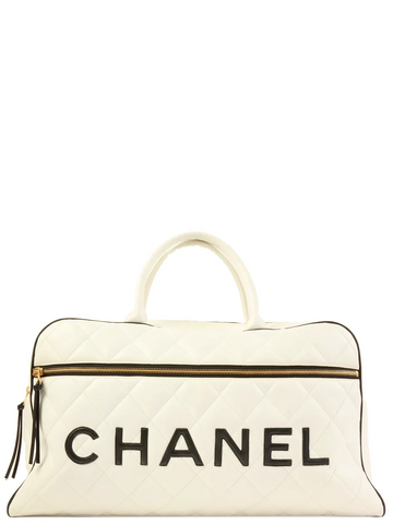 CHANEL Around 1995 Made Bicolor Big Logo Stitch Boston Bag White/Black