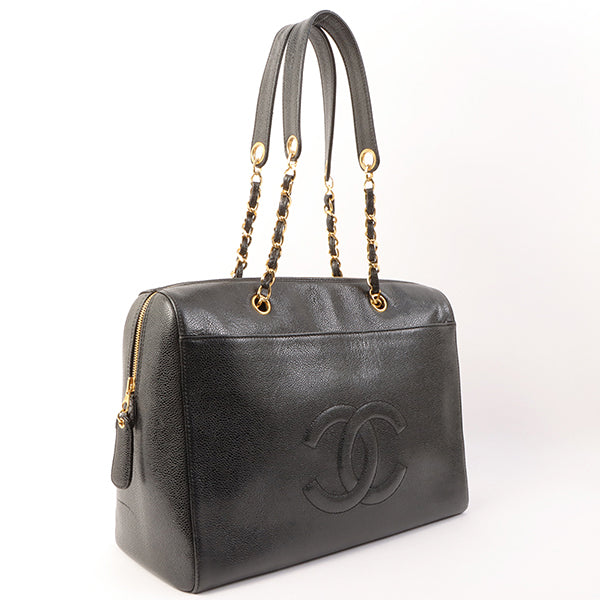Chanel Around 1998 Made Caviar Skin Cc Mark Stitch Chain Boston Bag Black