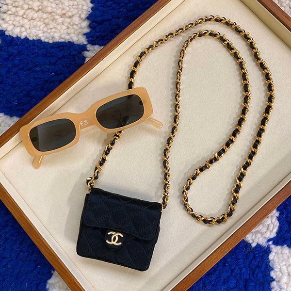 Chanel Around 1990 Made Silk Satin Cc Mark Plate Micro Chain Bag Black