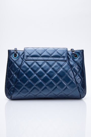 Chanel Glazed Calfskin Quilted Metallic Dark Blue Shoulder/Crossbody Flap Bag