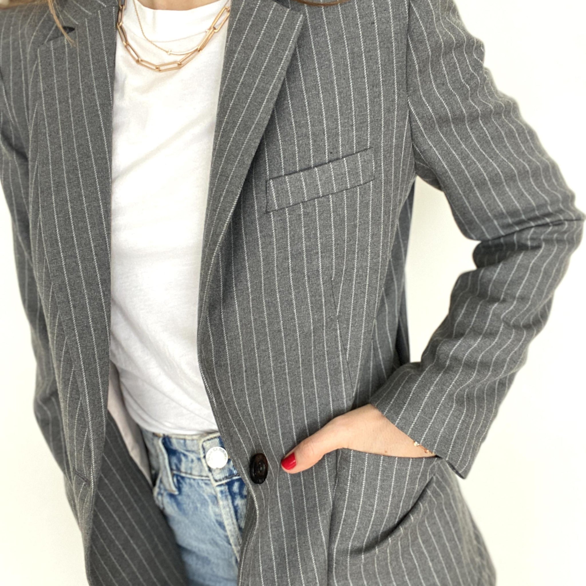 ANINE BING GREY SCHOOLBOY BLAZER WITH STRIPES - SIZE XS