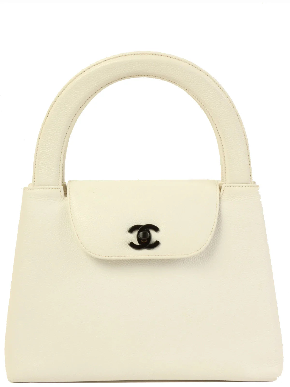 CHANEL Around 1998 Made Caviar Skin Turn-Lock Top Handle Bag White