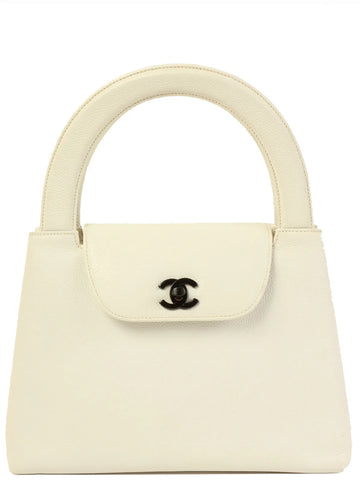 CHANEL Around 1998 Made Caviar Skin Turn-Lock Top Handle Bag White