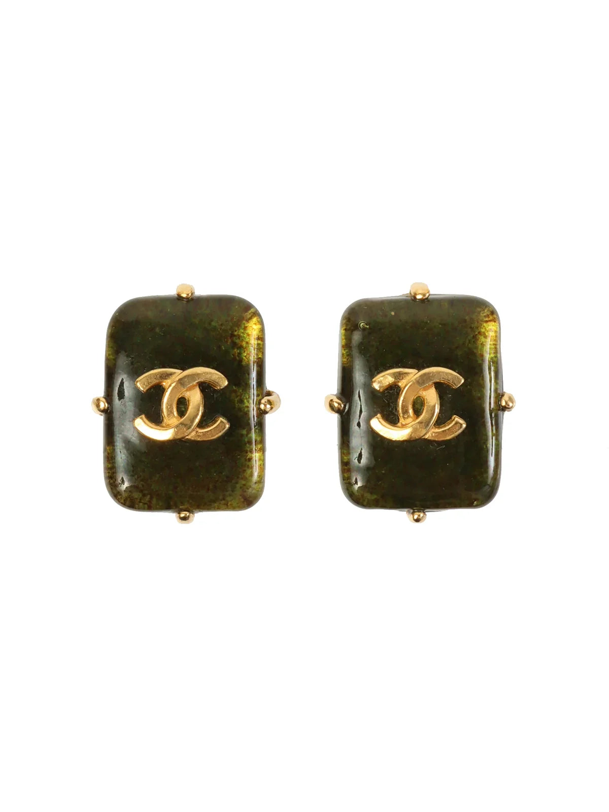 CHANEL 1997 Made Gripoix Rectangular Cc Mark Earrings Khaki/Gold