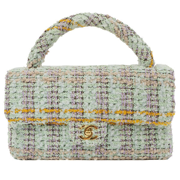 Chanel Around 1992 Made Tweed Classic Flap Handbag Mint Green
