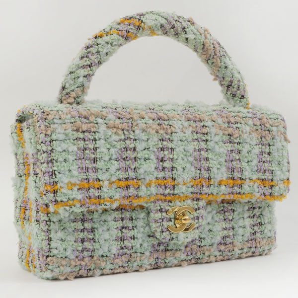 Chanel Around 1992 Made Tweed Classic Flap Handbag Mint Green