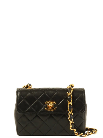 CHANEL Around 1990 Made Straight Flap Turn-Lock Mini Chain Bag Black