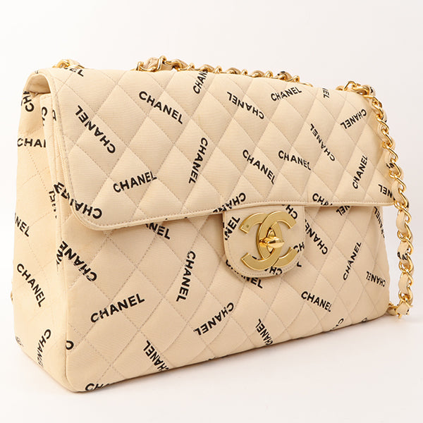 Chanel Around 1995 Made Canvas Logo Print Classic Flap Chain Bag Maxi Beige