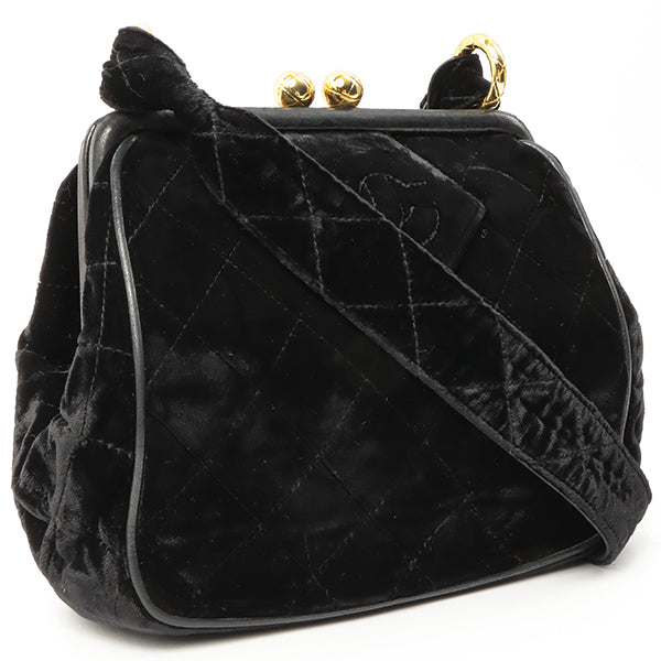 Chanel Around 1990 Made Velour Cc Mark Stitch Metal Clasp Shoulder Bag Black