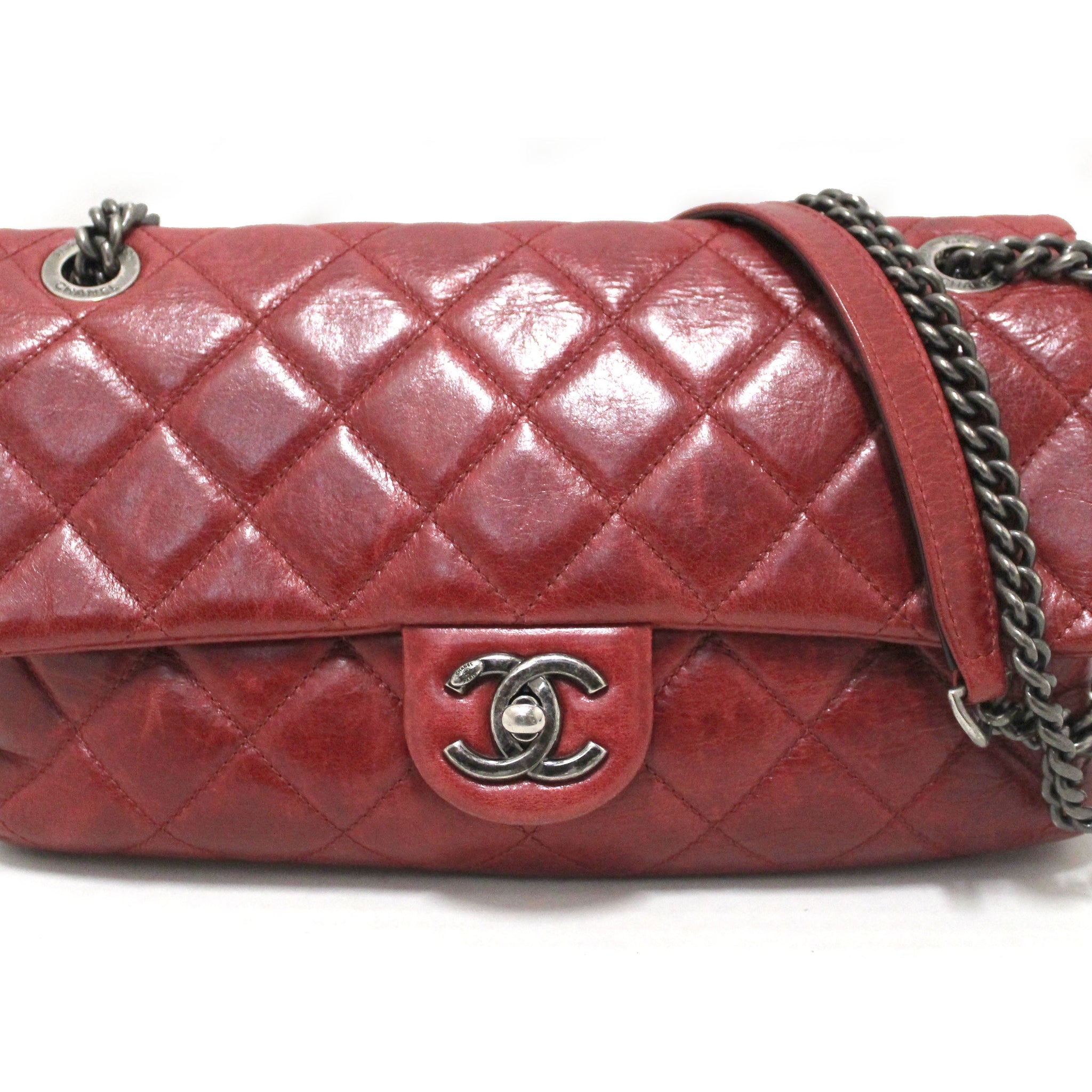 Chanel Red Aged Calfskin Leather Quilted Medium Easy Flap Shoulder Bag