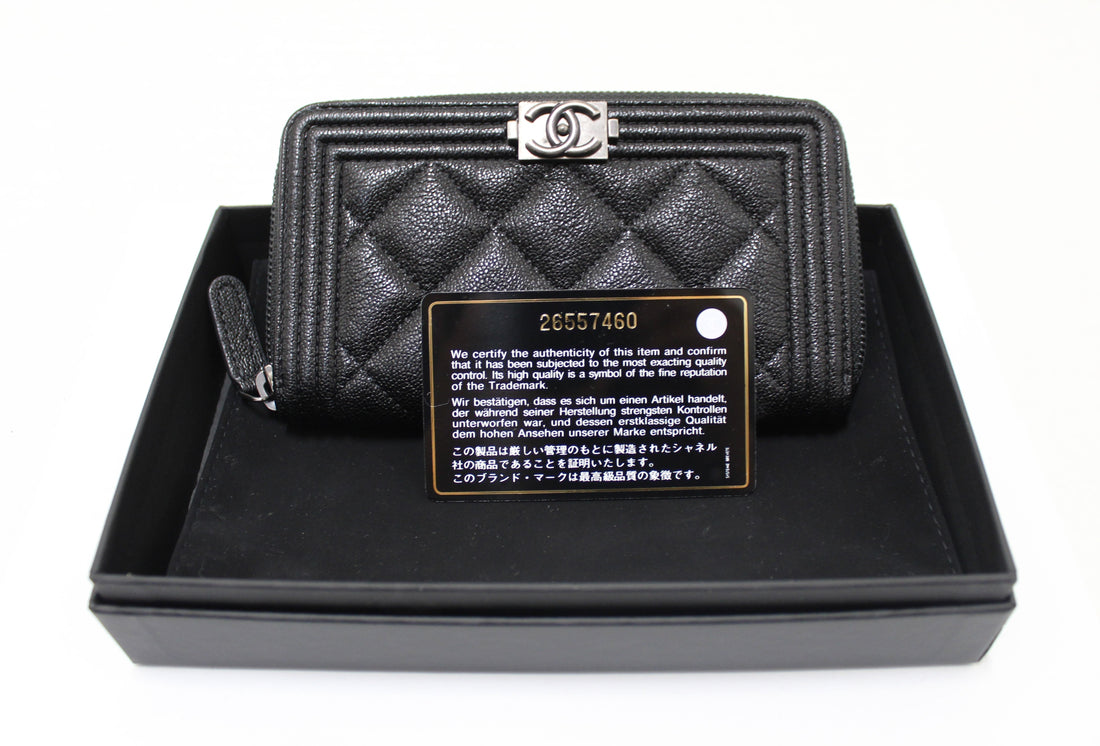 NEW Chanel Black Quilted Caviar Leather Boy Small Zip Around Wallet