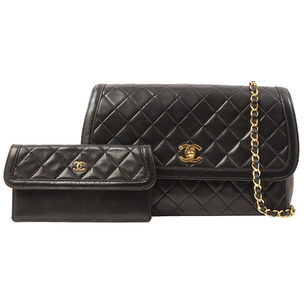 Chanel Around 1990 Made Design Flap Turn-Lock Chain Bag Black With Pouch Black
