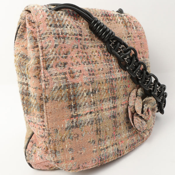 Chanel Around 2005 Made Tweed Camellia Design Chain Shoulder Bag Pink/Multi