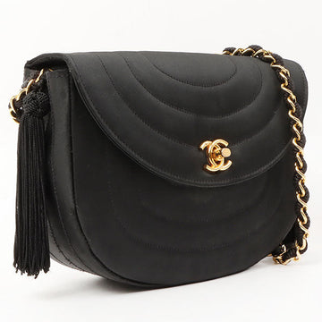 Chanel Silk Satin Round Flap Turn-Lock Fringe Chain Bag Black