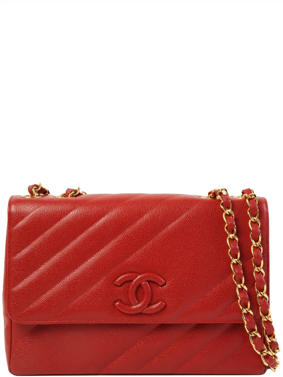 CHANEL Around 1995 Made Caviar Skin Mademoiselle Stitch Cc Mark Chain Top Handle Bag Red