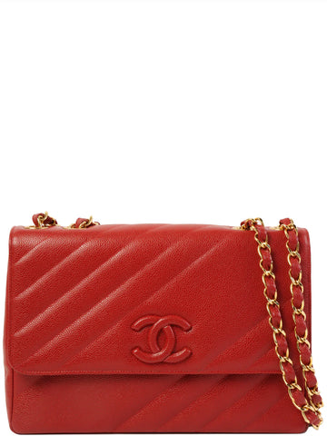 CHANEL Around 1995 Made Caviar Skin Mademoiselle Stitch Cc Mark Chain Top Handle Bag Red
