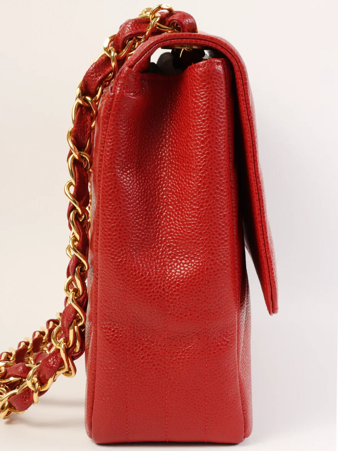 CHANEL Around 1995 Made Caviar Skin Mademoiselle Stitch Cc Mark Chain Top Handle Bag Red