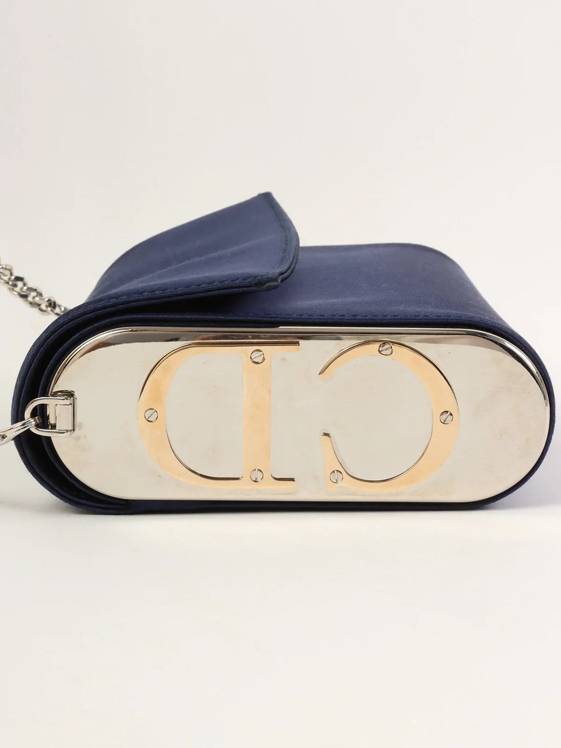 DIOR Satin Side Logo Plate Chain Bag Navy