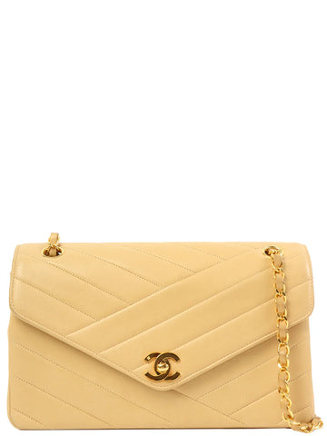 CHANEL Around 1995 Made Chevron Stitch V Flap Turn-Lock Chain Bag Beige