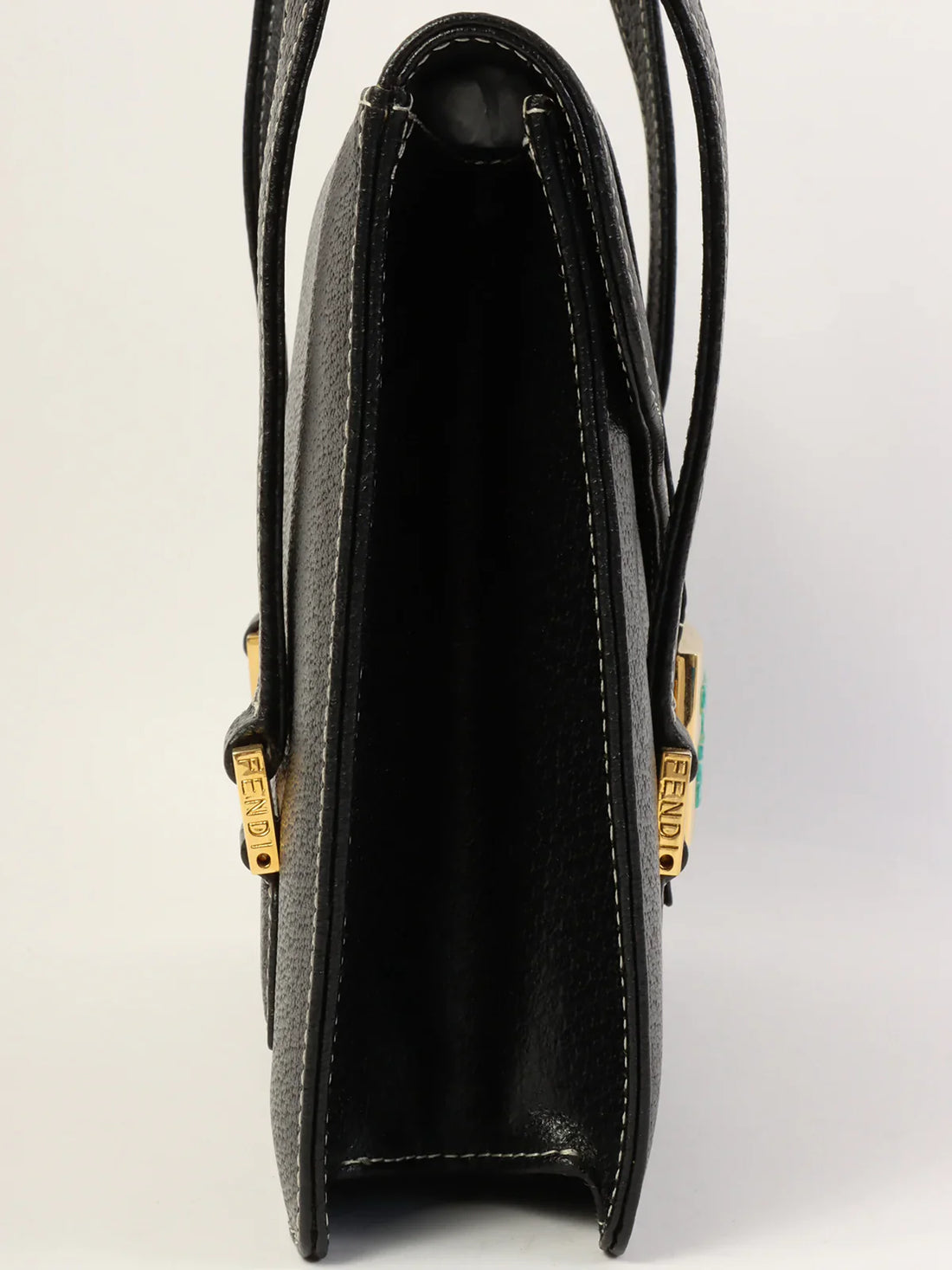 FENDI Leather Enamel Logo Plate Top Handle Bag Black/Green