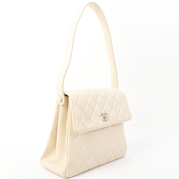 Chanel Around 1997 Made Caviar Skin Turn-Lock Shoulder Bag Ivory