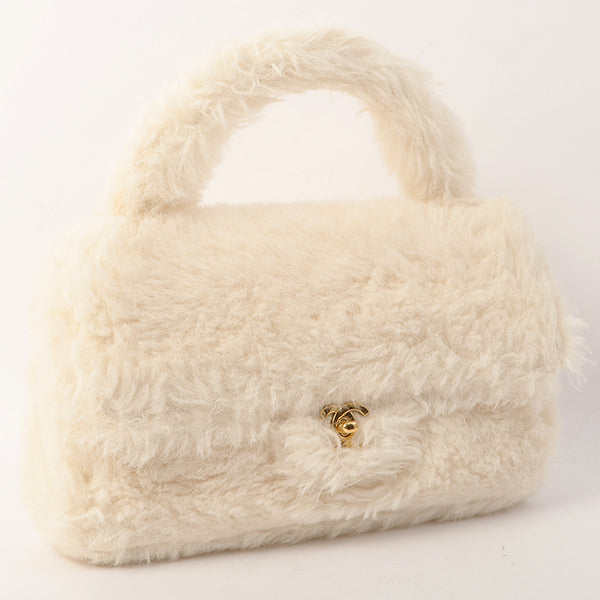 Chanel Around 1992 Made Fur Classic Flap Top Handle Bag Off White