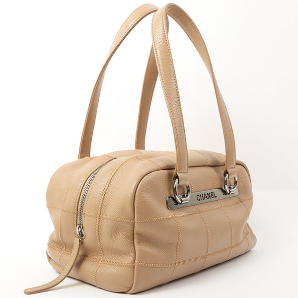 Chanel Around 2005 Caviar Skin Chocolate Bag Cutout Logo Plate Shoulder Bag Smoky Beige