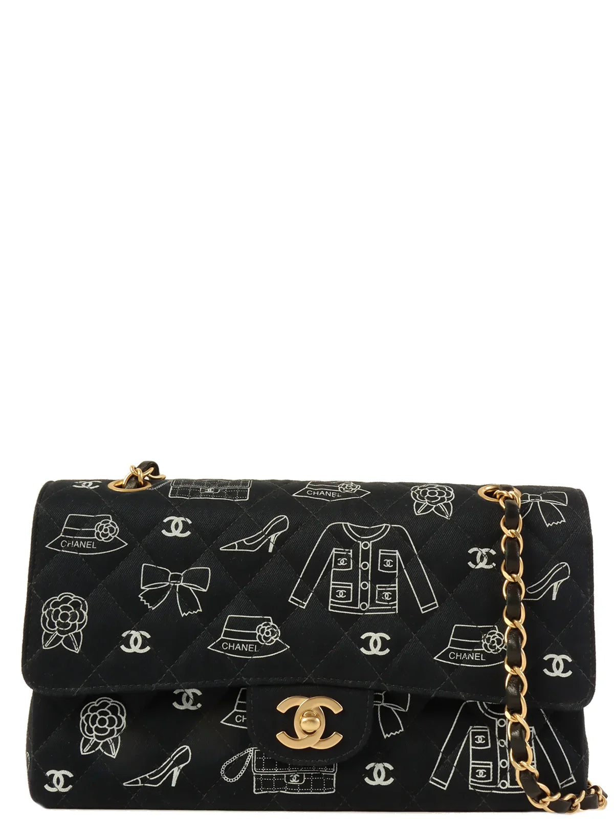 CHANEL Around 2001 Made Canvas Cc Mark Multi Print Classic Flap Chain Bag 25Cm Navy