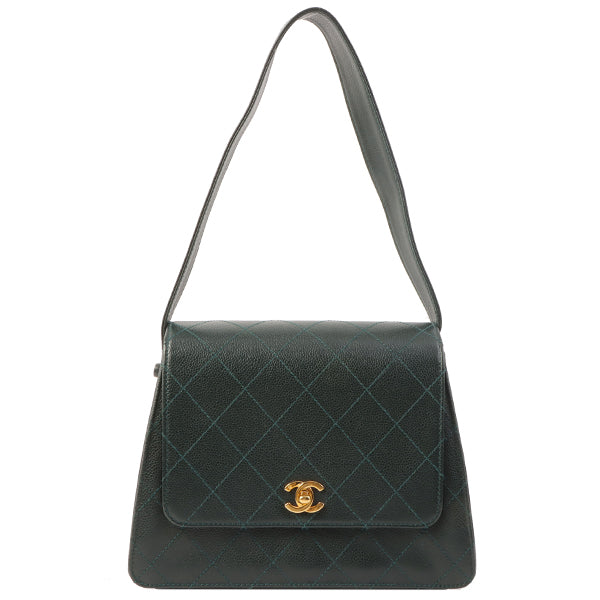 Chanel Around 1997 Made Caviar Skin Turn-Lock Shoulder Bag Dark Green