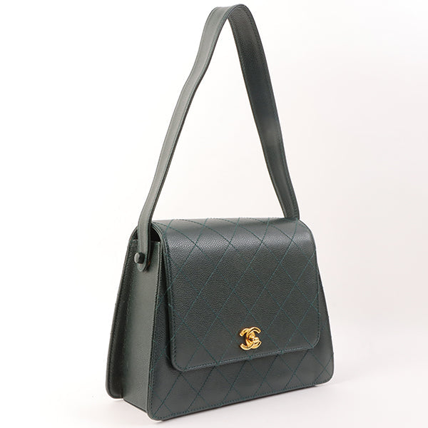 Chanel Around 1997 Made Caviar Skin Turn-Lock Shoulder Bag Dark Green
