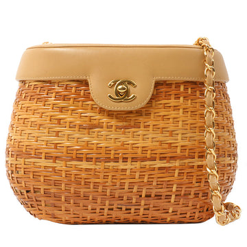 Chanel Around 1998 Made Rattanturn-Lock Basket Chain Bag Beige