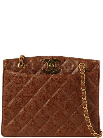 CHANEL Around 1995 Made Caviar Skin Turn-Lock Chain Tote Bag Brown