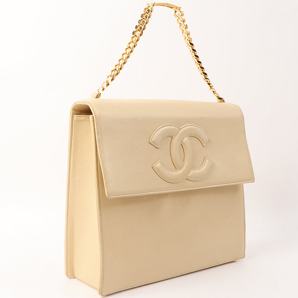 Chanel Around 1997 Made Cc Mark Stitch Logo Chain Top Handle Bag Beige
