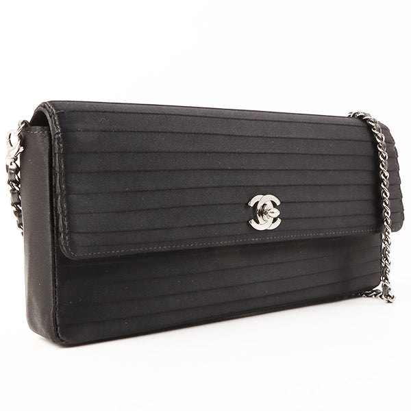 Chanel Around 2003 Made Satin Border Design Chocobar Turn-Lock Chain Bag Black