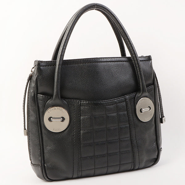 Chanel Around 2004 Made Caviar Skin Big Logo Button Motif Handle Bag Black
