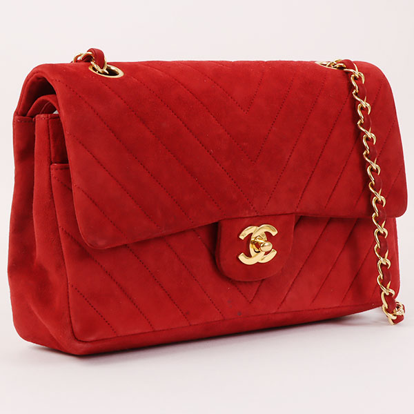 CHANEL Around 1990 Made Suede V Stitch Classic Flap Chain Bag 25Cm Red