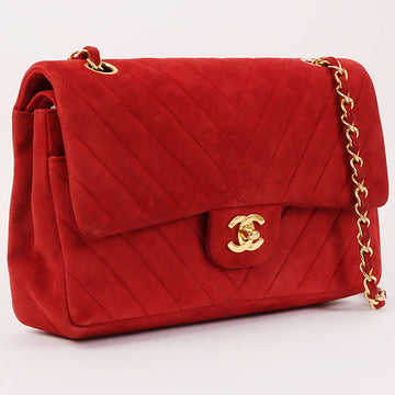 CHANEL Around 1990 Made Suede V Stitch Classic Flap Chain Bag 25Cm Red