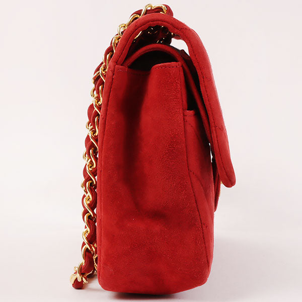 CHANEL Around 1990 Made Suede V Stitch Classic Flap Chain Bag 25Cm Red