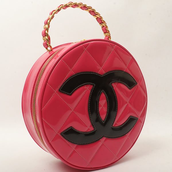 Chanel Around 1995 Made Patent Round Design Cc Mark Vanity Fuchsia Pink