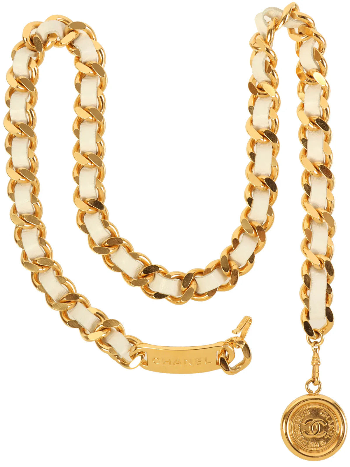 CHANEL 1995 Made Logo Plate Cc Mark Coin Charm Chain Belt Gold/White