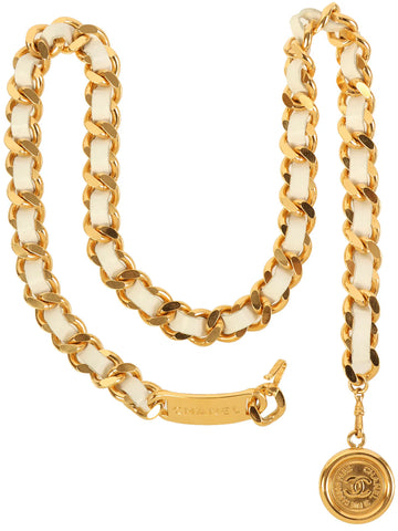CHANEL 1995 Made Logo Plate Cc Mark Coin Charm Chain Belt Gold/White